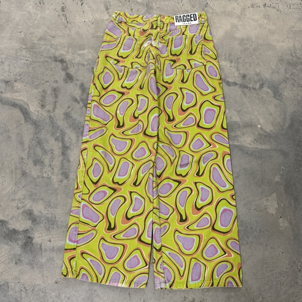 The Ragged Priest Jeans Womens 24 Green Excellent Psychedelic Wide Leg Swirl